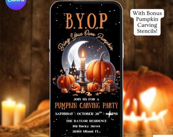 May include: Digital animated invitation for a pumpkin carving party. The design features orange pumpkins, a full moon, and a candlelit scene. The invitation includes the text "B.Y.O.P. Bring Your Own Pumpkin" and event details.