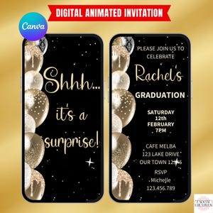 Überraschungs-Abschluss-Einladung.  Digital animierte College oder High School Grad Party Feier einladen. DIY bearbeitbare Canva Vorlage.