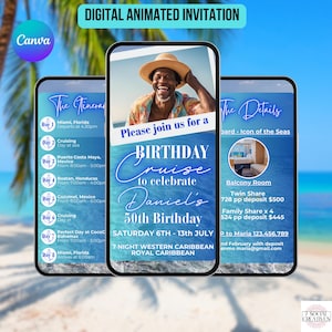 Birthday Cruise Invite Itinerary. Digital Blue Mens Birthday Trip Invitation for Him. Vacation Planner. Holiday eVite. DIY Editable Template