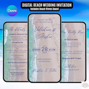 Bestimmungsort Hochzeitseinladung. Digital Animierte Strand Hochzeit Einladungskarte mit Wellen.  Elegantes eVite. DIY Canva Bearbeitbare Vorlage. Per Telefon senden
