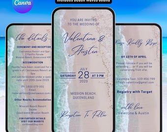 Destination Wedding Invitation. Digital Animated Beach Wedding Invite with Waves.  Elegant eVite. DIY Canva Editable Template. Send by Phone