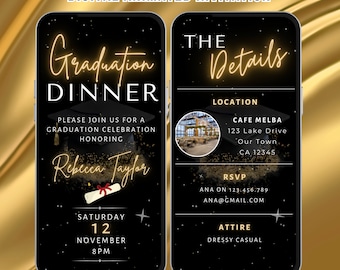 Digital Graduation Dinner Invitation. Class of 2024 Party Invite.  Black and Gold College or High School Grad eVite. DIY Editable Template.