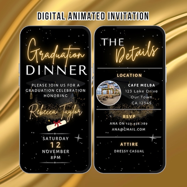 Digital Graduation Dinner Invitation. Class of 2024 Party Invite.  Black and Gold College or High School Grad eVite. DIY Editable Template.