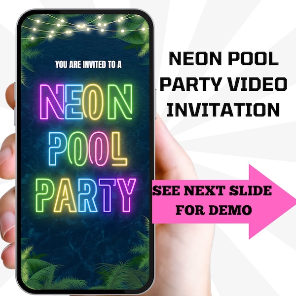 Neon Pool Party Invitation.  Animated Video Invite.  Perfect For A Summer Celebration.  Simple To Edit.  Send by Text Message Or Email.