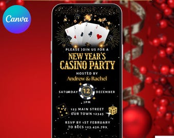 Invito per la festa di Capodanno al casinò. Invito animato digitale per adulti per la vigilia di New York. Invito elettronico per la serata di poker tra amici e familiari. Modello modificabile fai da te.