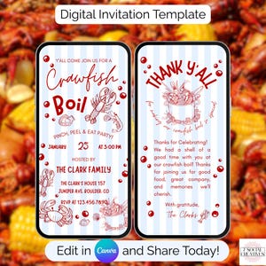 Puede incluir: Plantilla de invitación digital para un 'crawfish boil'. El diseño presenta dos pantallas de teléfono inteligente con texto e ilustraciones rojas y blancas de cangrejos de río y otros mariscos. La invitación incluye detalles del evento.