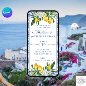 Mediterranean Birthday Party Invitation. Digital Animated Blue Tiles and Lemon Summer Invite for Men or Women. DIY Editable Template.