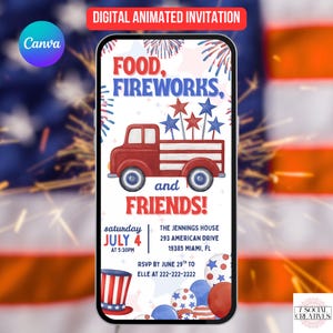 4. Juli Party Einladung. Digitale Feier zum Unabhängigkeitstag einladen.  Fourth of Jully BBQ, Feuerwerk, Fun eVite. DIY bearbeitbare Vorlage.