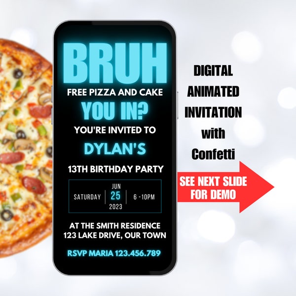 Bruh Birthday Party Invitation. Animated Video Invite for Teenage Boy.  Blue and Black Teen Boys Evite With Confetti.  Send by Phone.