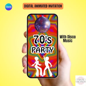 Uitnodiging voor feest uit de jaren 70.  Leuke retro jaren zeventig verjaardagsuitnodiging. Perfect voor een verkleedfeestje.  Groovy Disco DIY eVite met muziek.