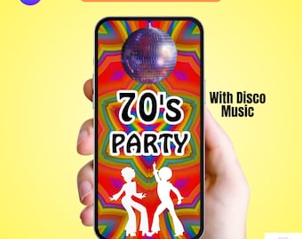 Invitación para fiesta de los 70. Divertida invitación retro de cumpleaños de los 70. Perfecta para fiestas de disfraces. Una invitación DIY con música y un toque disco.