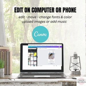 May include: A laptop computer with a Canva design template open on the screen. The template is a wedding invitation with a photo of a couple and the text "Save the Date". The laptop is on a wooden table with a green plant and a lantern.