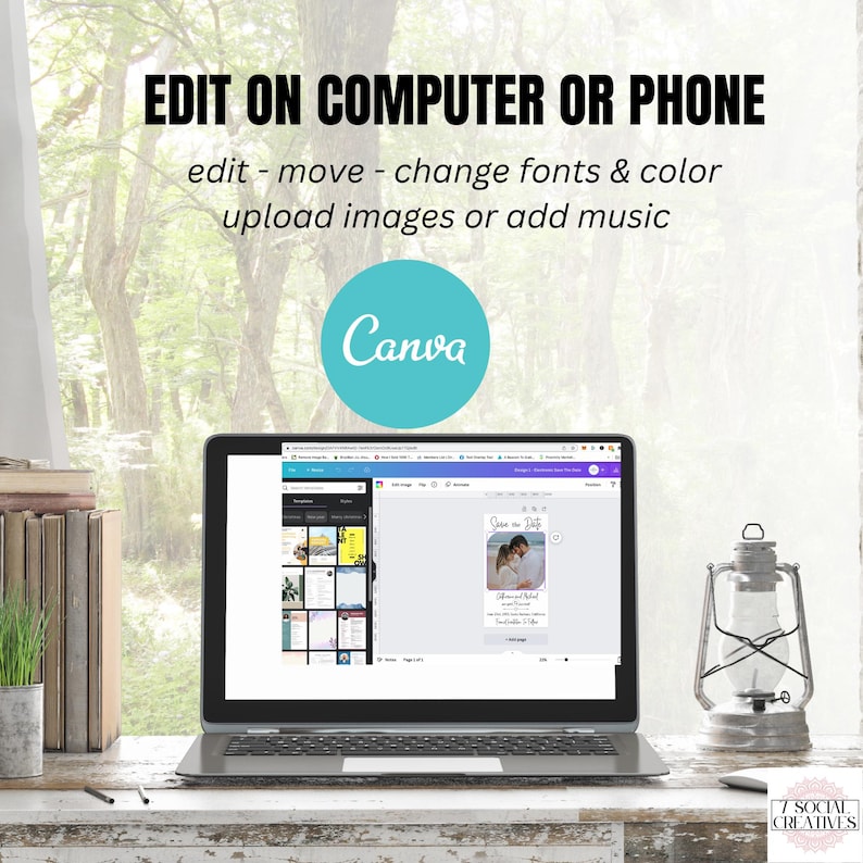 May include: A laptop computer with a Canva design template open on the screen. The template is a wedding invitation with a photo of a couple and the text "Save the Date". The laptop is on a wooden table with a green plant and a lantern.