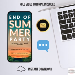 May include: A digital phone screen mockup showing an invitation to an end of summer party. The invitation is on a sunset background with palm trees and has the text "End of Summer Party" in orange and white. The text also includes the date, time, address, and RSVP information.