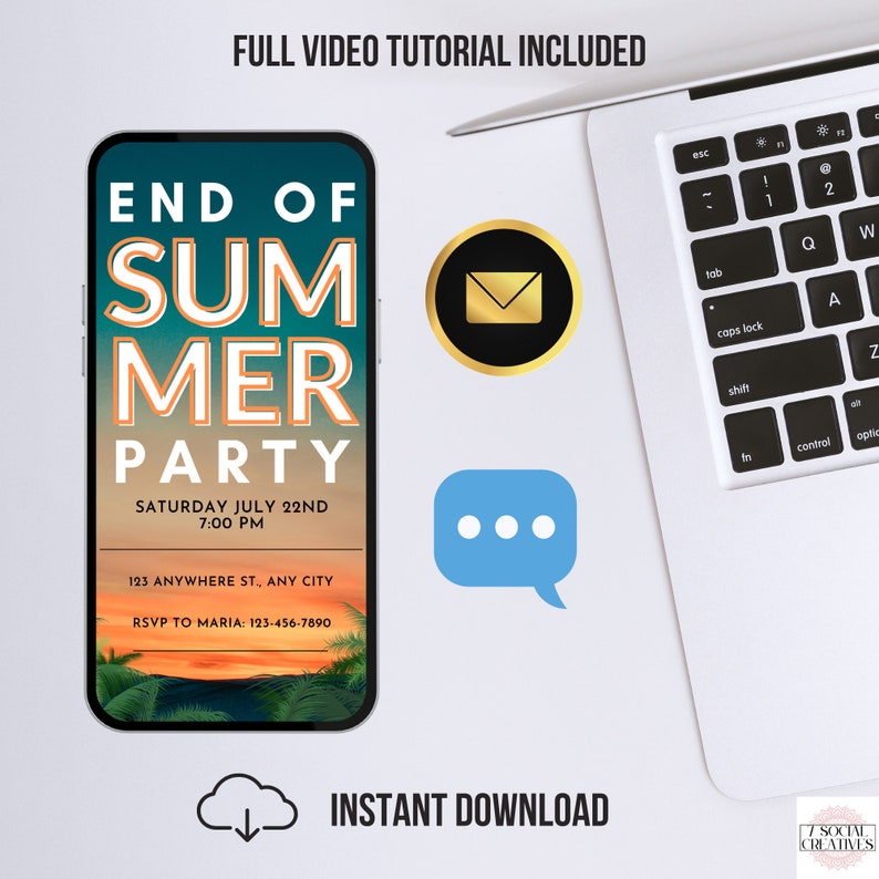 May include: A digital phone screen mockup showing an invitation to an end of summer party. The invitation is on a sunset background with palm trees and has the text "End of Summer Party" in orange and white. The text also includes the date, time, address, and RSVP information.
