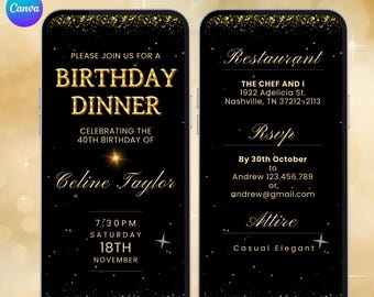 Digital Birthday Dinner Invitation. Black and Gold Party Invite. Men or Women's Any Age eVite. DIY Editable Template.