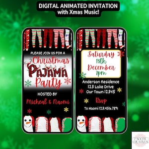 Invitación digital para fiesta de pijamas navideña con música festiva. Invitación para fiestas de pijamas para adultos, adolescentes o niños. Invitación electrónica navideña. Plantilla editable para que la diseñes tú mismo. imagen 1