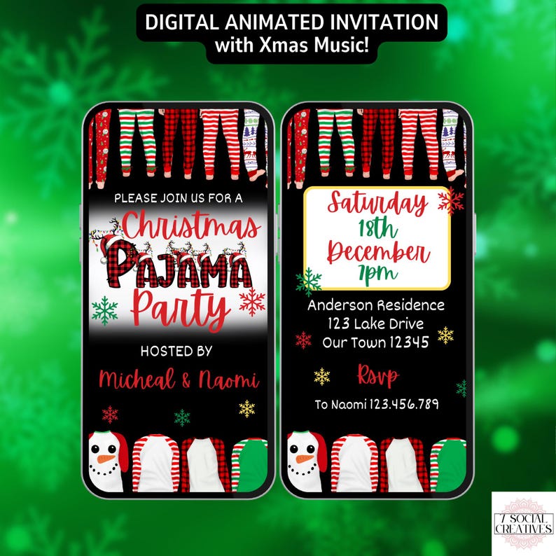 Invitación digital para fiesta de pijamas navideña con música festiva. Invitación para fiestas de pijamas para adultos, adolescentes o niños. Invitación electrónica navideña. Plantilla editable para que la diseñes tú mismo. imagen 1