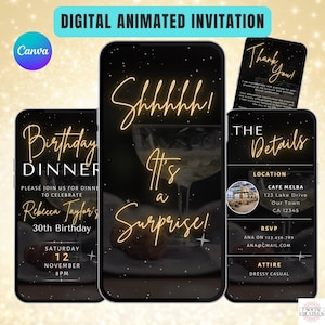Überraschungs-Geburtstags-Dinner Einladung. Digitale animierte Party einladen für Männer oder Frauen. Champagner-Schwarz und Gold eVite. DIY bearbeitbare Vorlage.