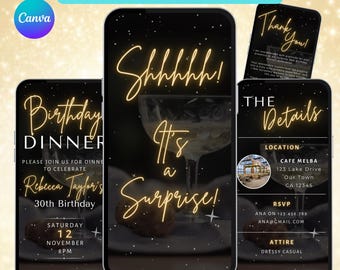 Surprise Birthday Dinner Invitation. Digital Animated Party Invite For Men or Women. Champagne Black and Gold eVite. DIY Editable Template.