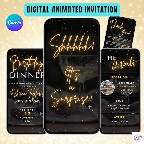 Surprise Birthday Dinner Invitation. Digital Animated Party Invite For Men or Women. Champagne Black and Gold eVite. DIY Editable Template.