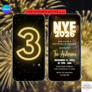 New Year's Party Invitation. Digital 2026 Countdown NY Eve Invite with Fireworks. Friends and Family eVite DIY Template.