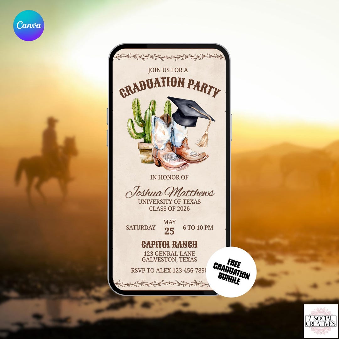 Western Graduation Party Invitation. Digital Boys Cowboy Boots Class of ...