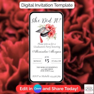 She Did It Graduation Invitation. Digital College or High School Grad Party or Ceremony Invite. Girls Red eVite. DIY Editable Template.