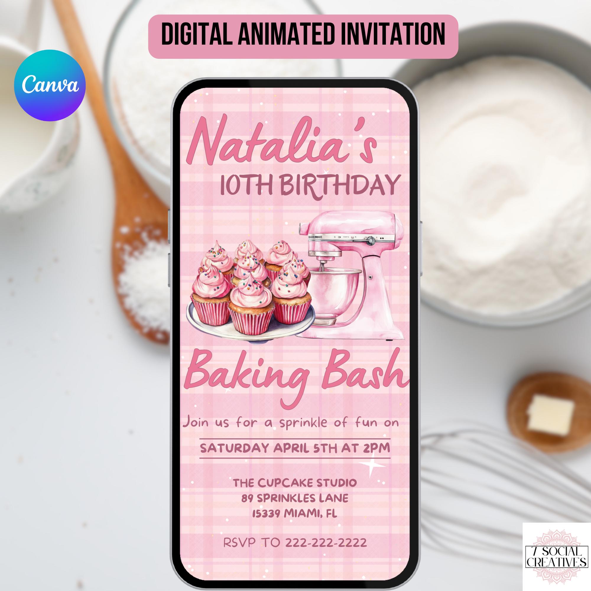 Baking Party Invitation. Digital Pink Birthday Cupcake Cookie Bake Invite. Cute Fun Girls Cooking Decorating eVite. DIY Editable Template.