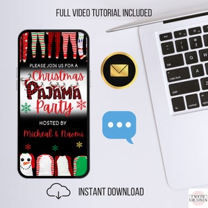 Puede incluir: Una invitaci&oacute;n digital para una fiesta de pijamas de Navidad, con un fondo negro con detalles de cuadros rojos y blancos. La invitaci&oacute;n incluye el texto "Por favor, &uacute;nase a nosotros para una fiesta de pijamas de Navidad", "Organizado por Micheal & Naomi", y un mu&ntilde;eco de nieve, un reno y copos de nieve.