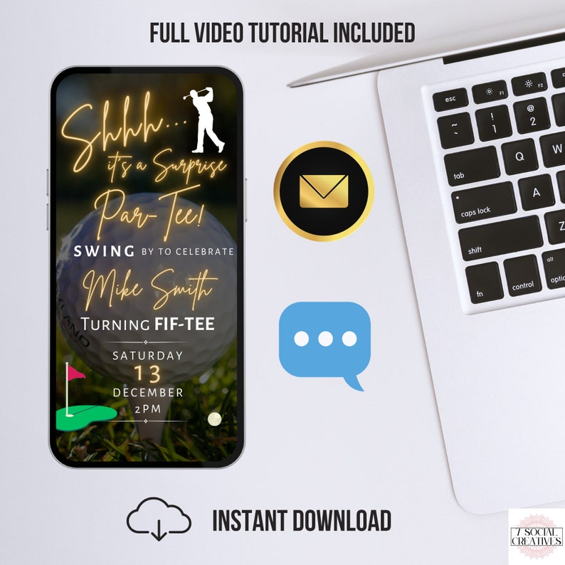May include: A digital invitation for a surprise golf party. The invitation features a golf ball, a golf club, and the text "Shhh... it's a Surprise Par-Tee!" The invitation also includes the name "Mike Smith", the date "December 13", and the time "2 PM".
