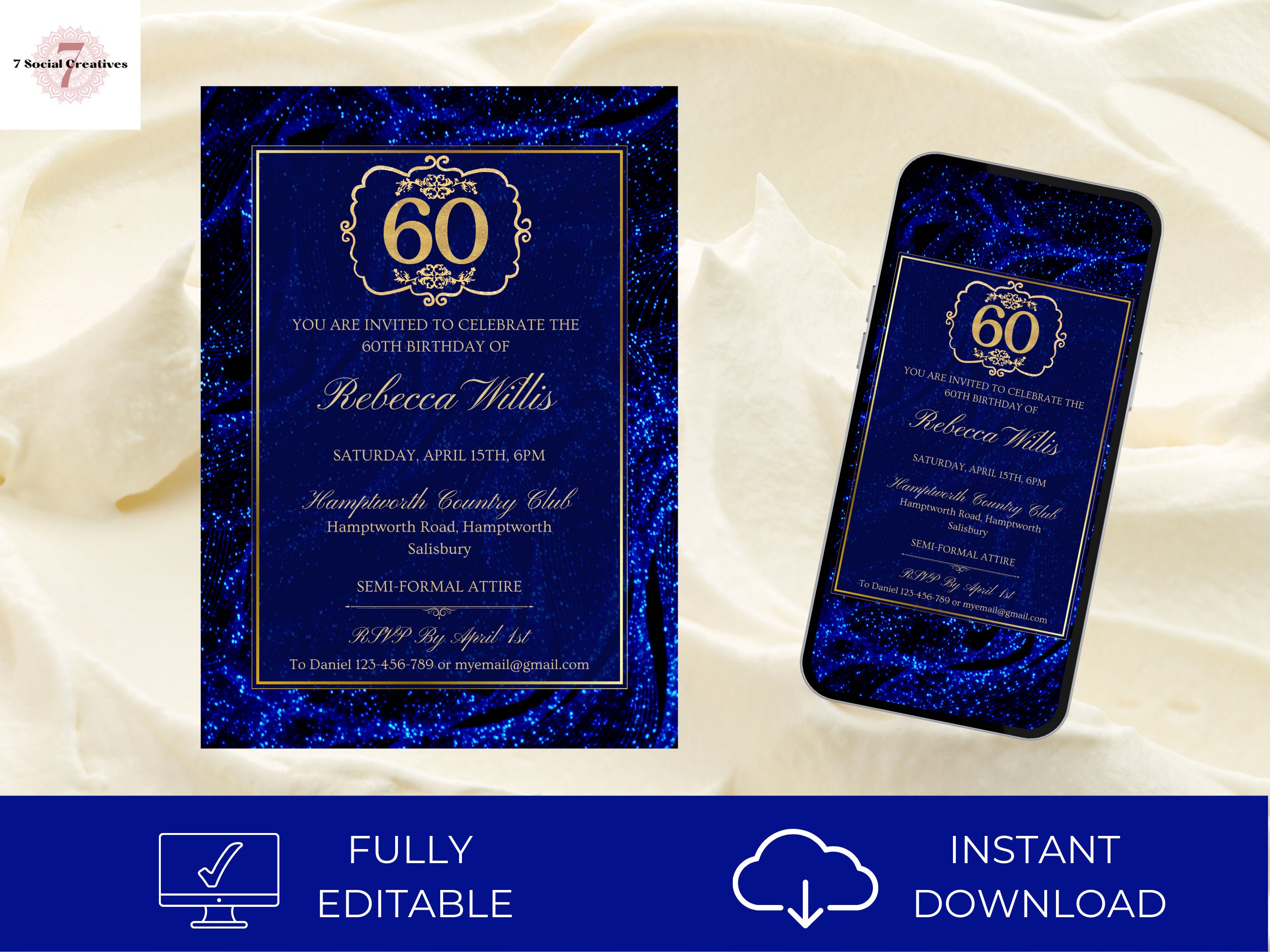 60th Birthday Invitation Royal Blue and Gold. Printable and - Etsy