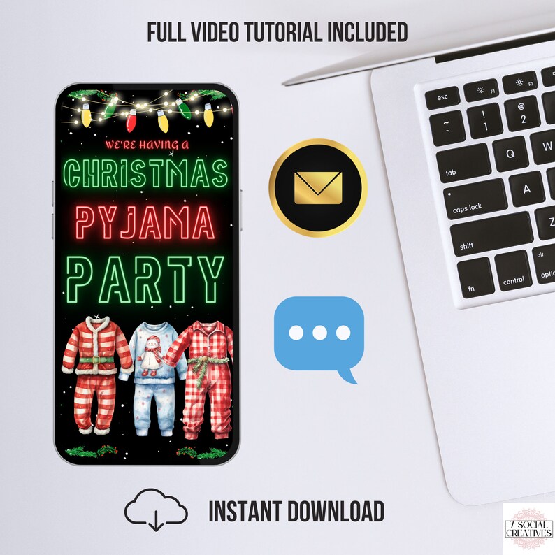 May include: A digital invitation for a Christmas pyjama party. The invitation features a black background with a neon green and red sign that says "We're having a Christmas Pyjama Party". Three cartoon characters wearing pyjamas are standing in front of the sign. The invitation also includes a download icon, an email icon, and a chat bubble icon.