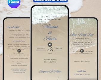 Digitale Strand Hochzeitseinladung.  Animierte Bestimmungsort Hochzeit einladen Mit Sand und Wellen.  DIY bearbeitbare Vorlage.  Einfach zu bearbeiten und zu senden.