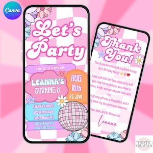 Groovy Geburtstags-Party Einladung Retro. Digital 70er Jahre Let's Party Girls oder Ladies einladen. Jedes Alter Boho Flower Power eVite. DIY-Vorlage.