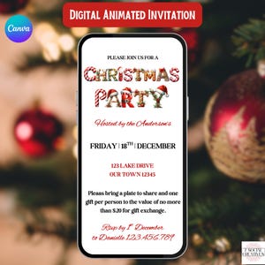 Op de afbeelding: Een digitale geanimeerde uitnodiging voor een kerstfeest, weergegeven op een smartphone. De uitnodiging bevat feestelijke tekst, waaronder "Christmas Party" met zuurstok- en hulstaccenten, en evenementdetails.
