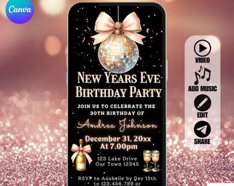 Invito di compleanno per Capodanno. Invito digitale animato per la festa di Capodanno femminile. Elegante invito elettronico con brillantini in oro rosa. Modello fai da te per donne.