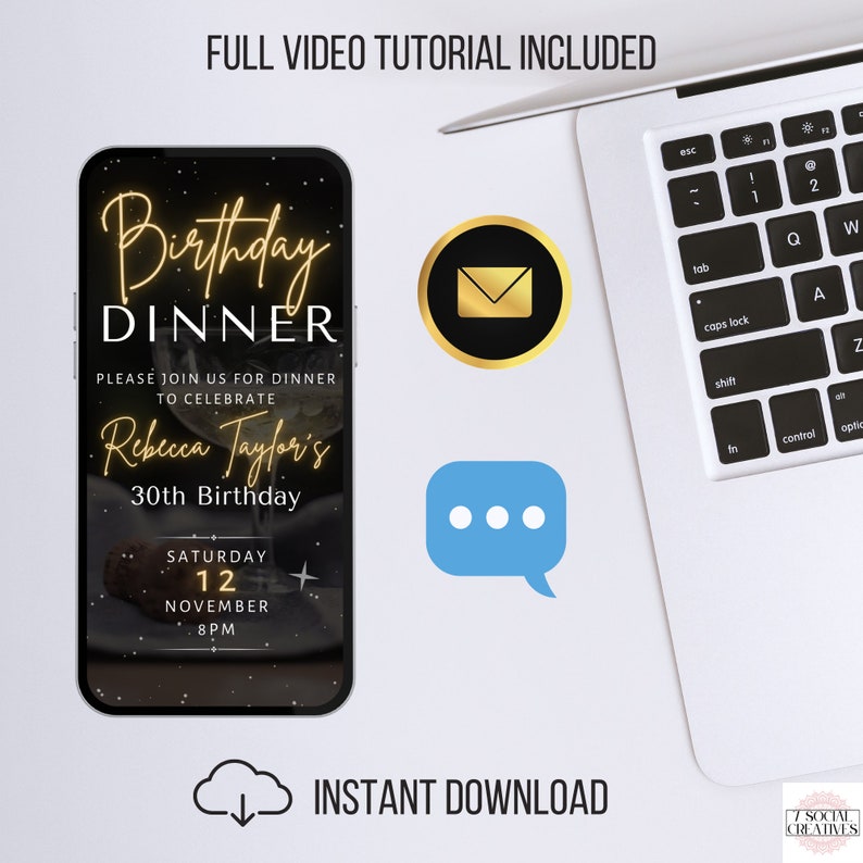 May include: A digital invitation for a birthday dinner with a black background and gold text. The invitation says "Birthday Dinner" and includes the name "Rebecca Taylor's" and the date "Saturday 12 November 8PM".