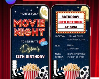 Birthday Movie Night Invitation.  Digital Animated Outdoor Party Invite. Under the Stars Movie eVite. Kids, Adults. DIY Editable Template.