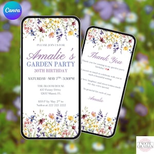 Invitación de cumpleaños para fiesta en el jardín. Invitación digital colorida con flores silvestres para fiesta de verano. Invitación moderna y elegante para una merienda o almuerzo. Plantilla DIY.