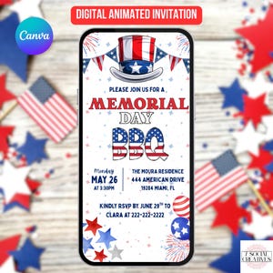 Memorial Day BBQ Invite. Digital Animated Red White and Blue Friends Family eVite. Summer Kick Off Cookout Party Invitation. DIY Template.