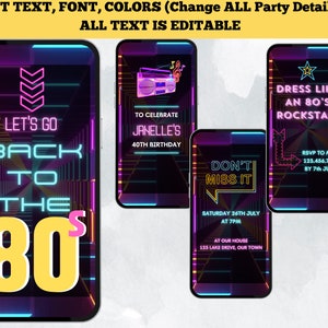 Back To The 80s Party Invitation. This 1980s Theme Birthday Invite Features Animated Neon With 80's Music Background. Simple To Edit. image 3