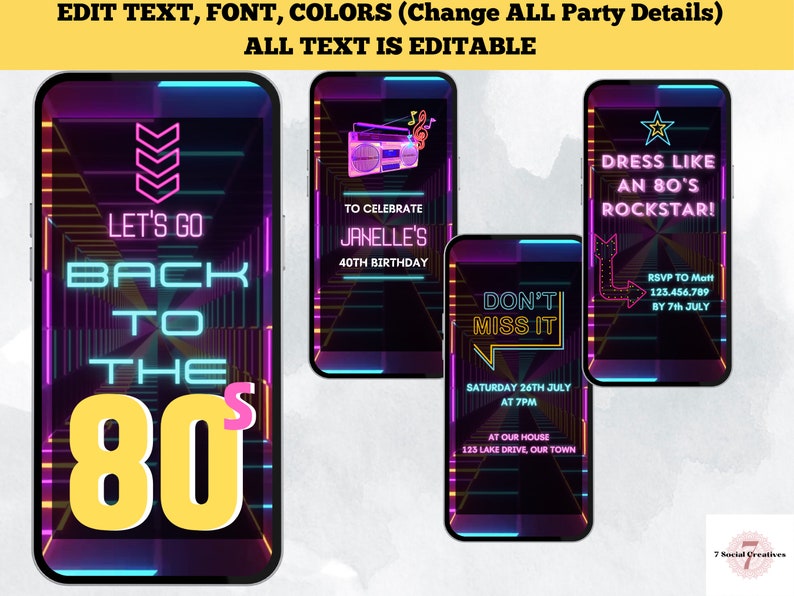 Back To The 80s Party Invitation. This 1980s Theme Birthday Invite Features Animated Neon With 80's Music Background. Simple To Edit. image 3