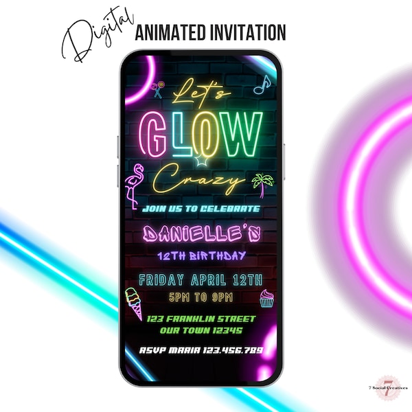 Digital Glow Party Invite.  Animated Glow In the Dark Birthday Invitation.  Perfect For A Tween or Teen Girl.  DIY Editable Template.