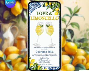 Mediterranean Bridal Shower Invite. Digital Animated Love and Lemoncello Bride To Be Invite. Blue and Yellow eVite. DIY Editable Template.