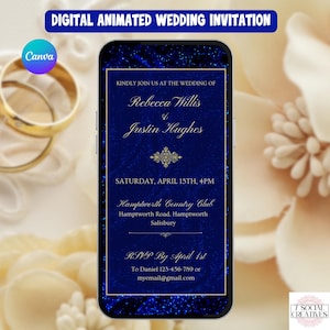 Digital Wedding Invitation Royal Blue. Elegant Blue and Gold Invite.  Simple Wedding eVite to Email, Text to Guests. DIY Editable Template.