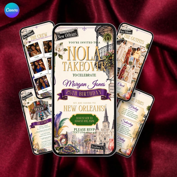 New Orleans Birthday Trip Invitation.  Digital Animated Girls Weekend Itinerary Invite. Womens Vacation Planner Template. Instant Download.