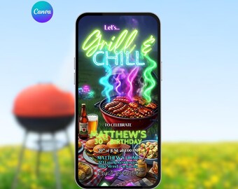 Może przedstawiać: Smartfon wyświetla cyfrowe zaproszenie na przyjęcie urodzinowe z motywem grilla z okazji 30. urodzin. Zaproszenie zawiera neonowy napis "Grill & Chill" z grillowanym jedzeniem, piwem i dodatkami. Tło to rozmyty obraz czerwonego grilla.