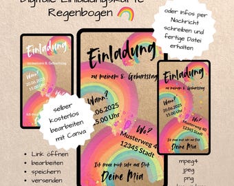 Digital invitation card for children's birthdays | Rainbow | Colorful | File | Download | Customizable Canva template