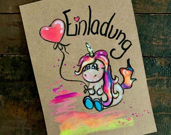 Children's birthday invitation with unicorn in rainbow colors, A6 size, with envelope, hand-painted original, customizable